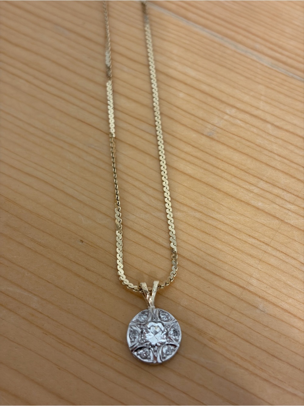 Vintage 14k Gold Chain Necklace with Diamond Medallion Pendant 18 Inch